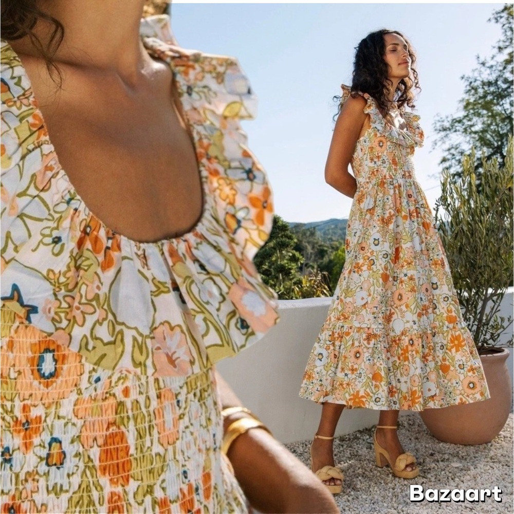 Cleobella ZOE MIDI DRESS RETRO FLORAL‎ Ruffle Tiered Smocked Pink Orange Blue Sm